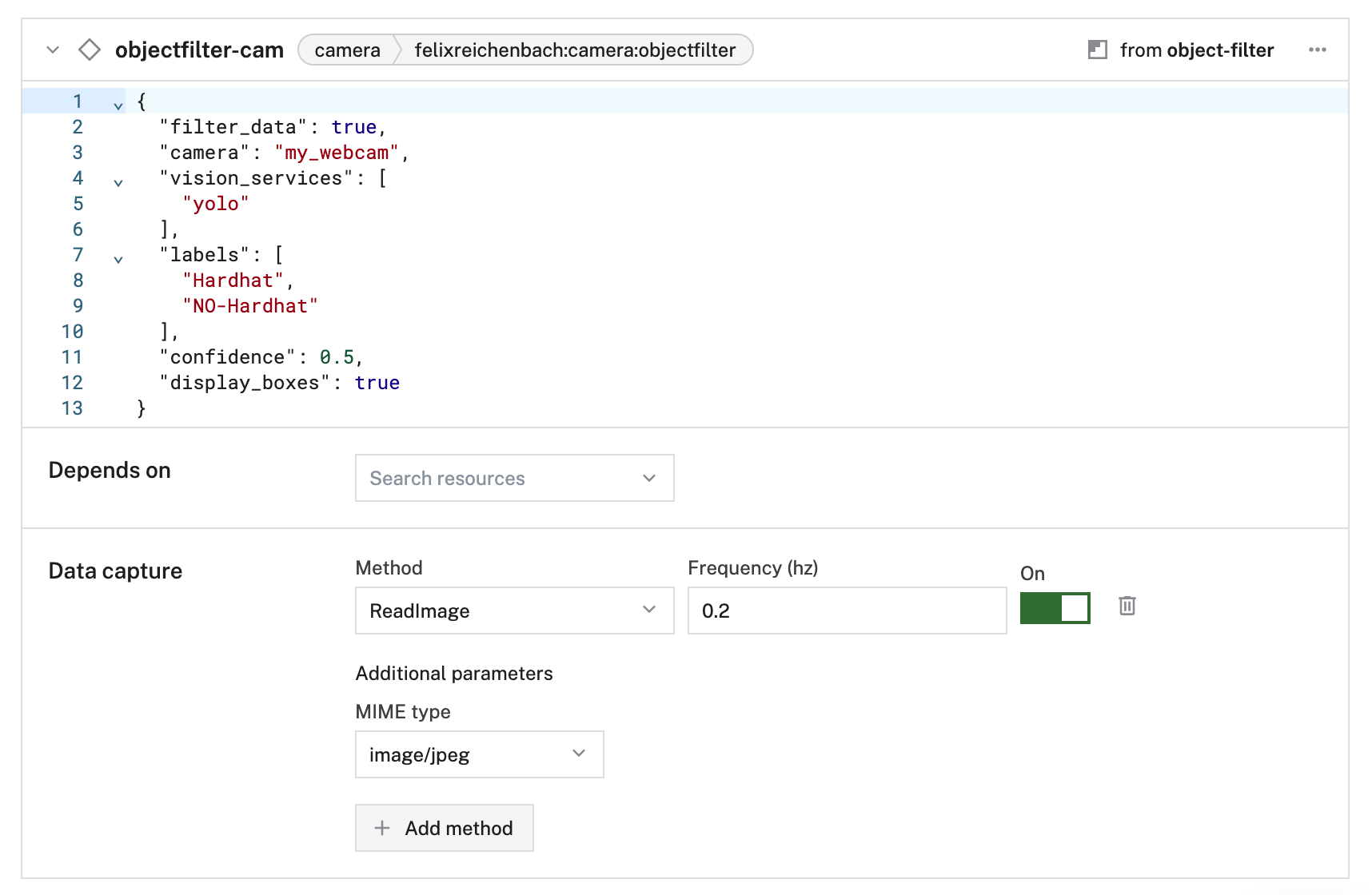 The objectfilter cam configured with data capture set to read images at 0.2 hertz. MIME type is set to image/jpeg.